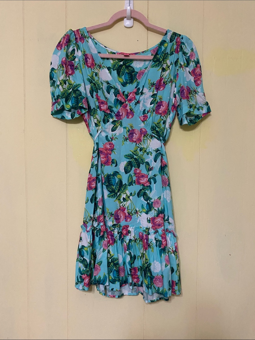 NWOT Betsey Johnson Blue Floral Puff Sleeve Ruffle Hem Mini Dress Size M